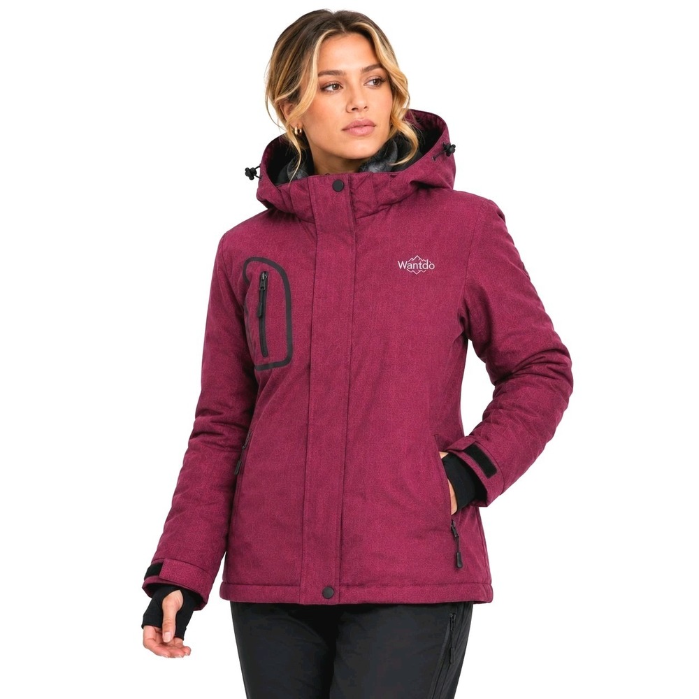 Wantdo Ski Jacket Medium Fleece Lined Detachable Hood Snowboard Thumbholes Red